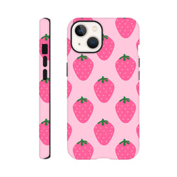 Pink iPhone tough case featuring a cute repeating strawberry pattern with high-gloss wraparound printing for reliable defense.