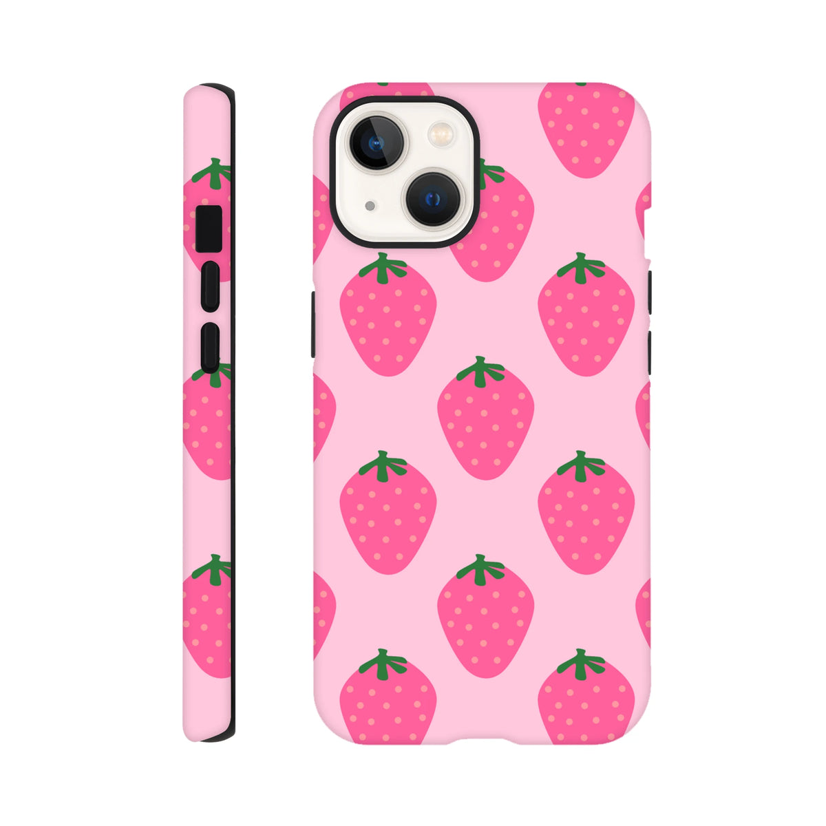 Pink iPhone tough case featuring a cute repeating strawberry pattern with high-gloss wraparound printing for reliable defense.