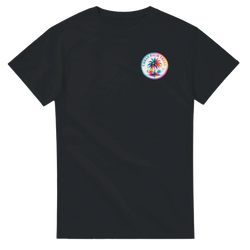 Black crew neck t-shirt with colorful Urban Palm Trees logo on chest. Short sleeve graphic tee featuring vibrant tropical palm tree art.