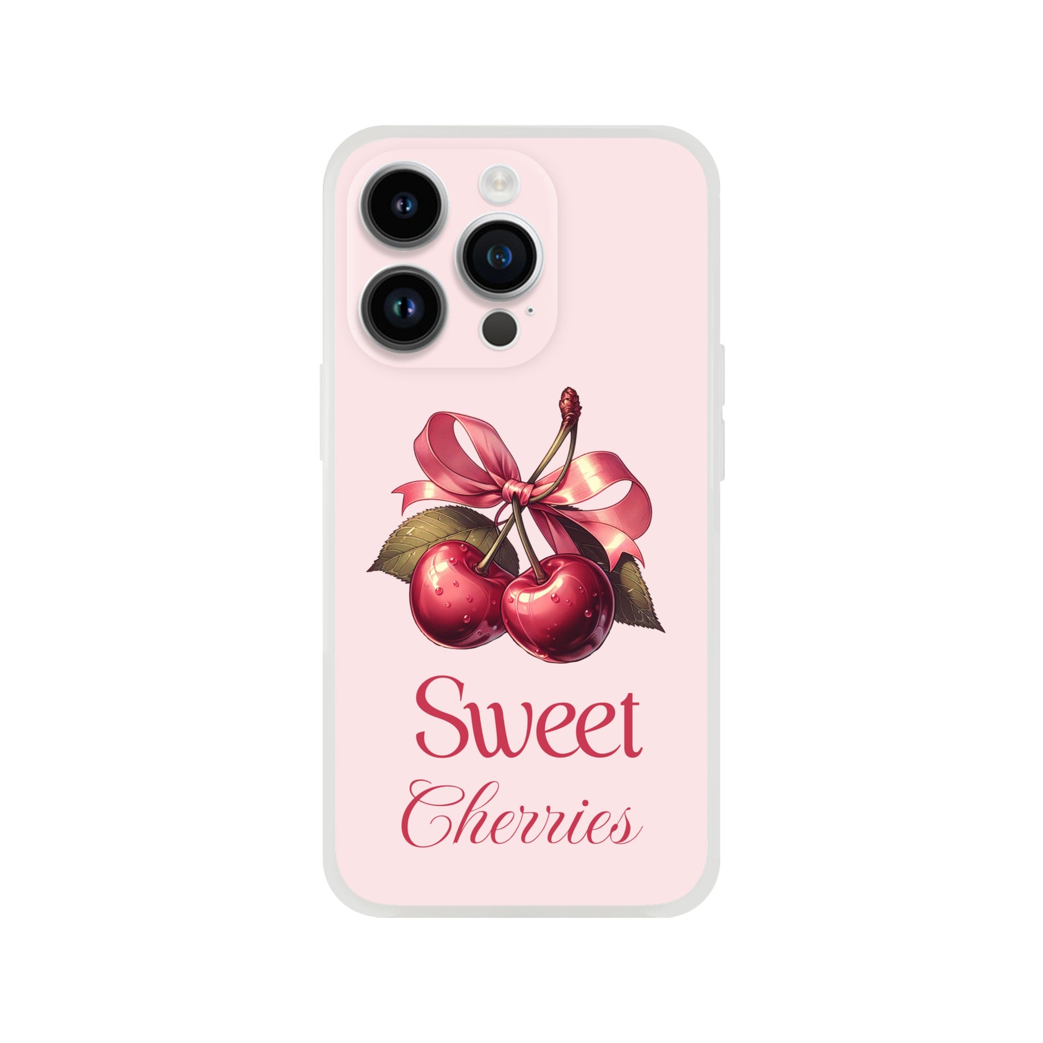 Pink cherry design iPhone case with bow and 'Sweet Cherries' text, slim protective cover for iPhone 16–13.