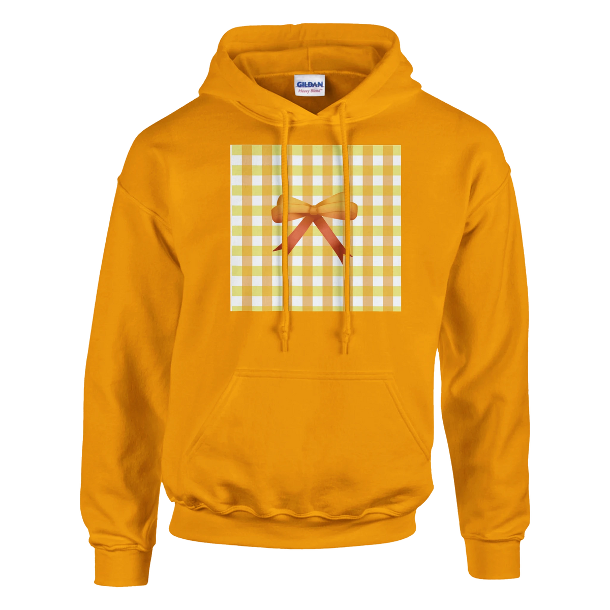 Yellow hoodie featuring a gingham square and brown bow graphic, perfect for coquette aesthetic streetwear outfits.