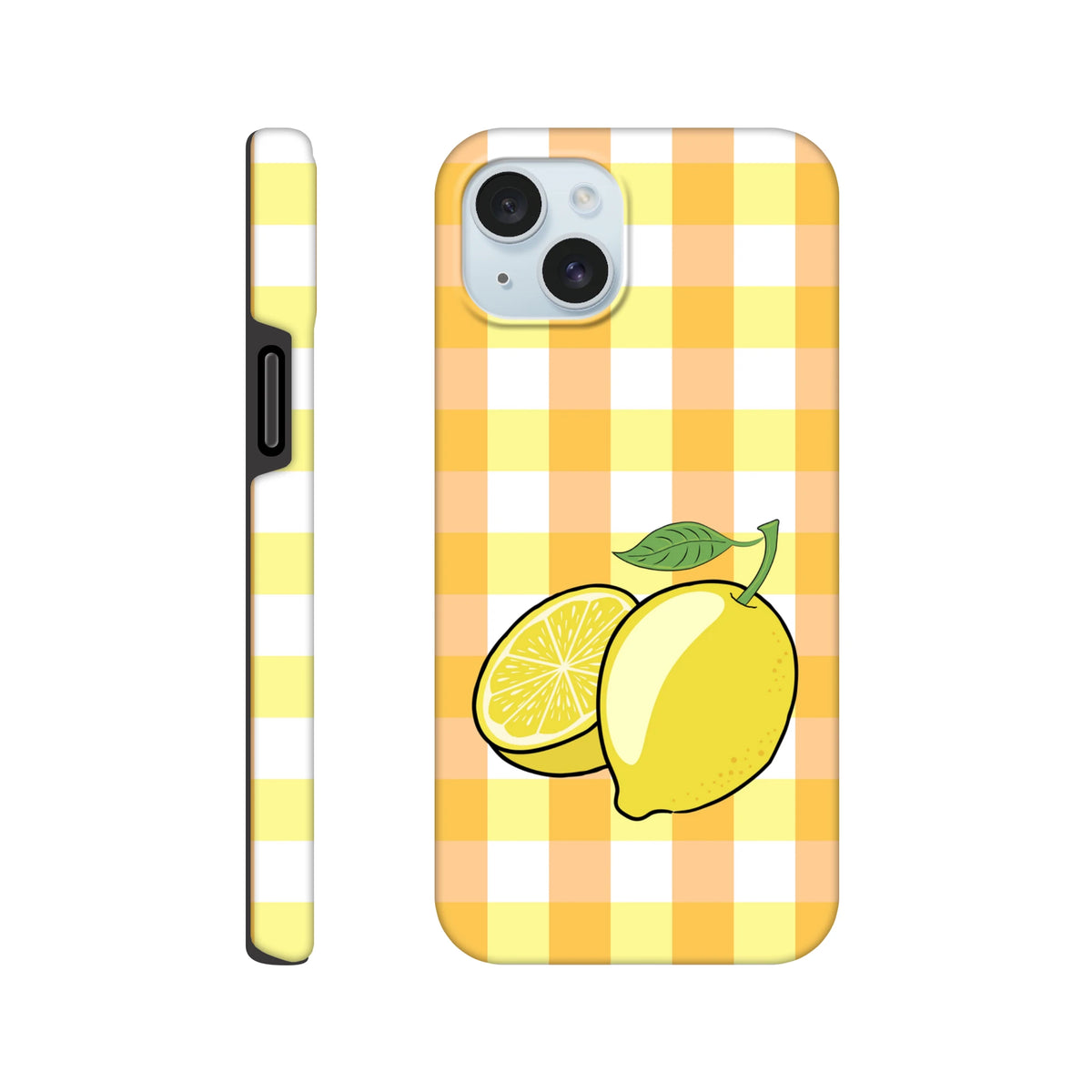 Yellow and orange gingham iPhone case featuring a whole and sliced lemon illustration with drop protection.