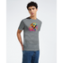 Male model wearing a gray graphic tee featuring a colorful dog with sunglasses.