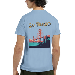 San Francisco graphic T-shirt with Golden Gate Bridge design on light blue tee.