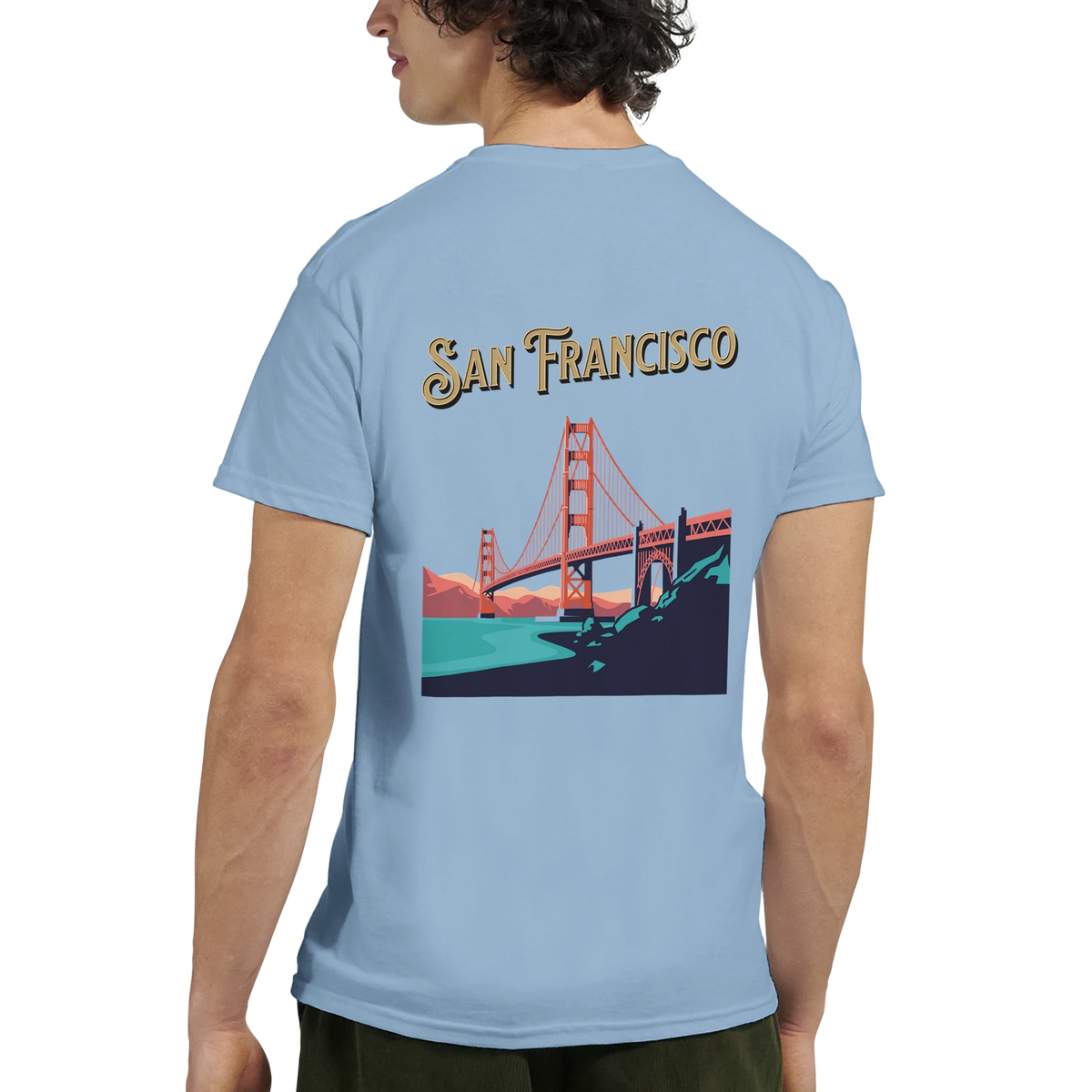San Francisco graphic T-shirt with Golden Gate Bridge design on light blue tee.