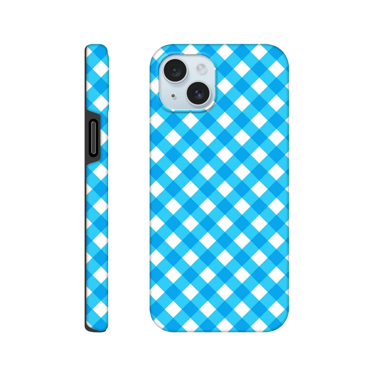 Blue gingham checkered tough iPhone case with retro cute design. Shock-absorbing cover protects against drops and scuffs for daily use.