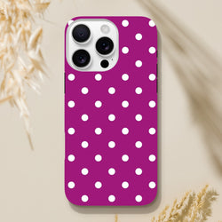 Purple and white polka dot tough iPhone case for models 13-16. Cute, shock-absorbing TPU phone cover with dual-layer rugged protection.