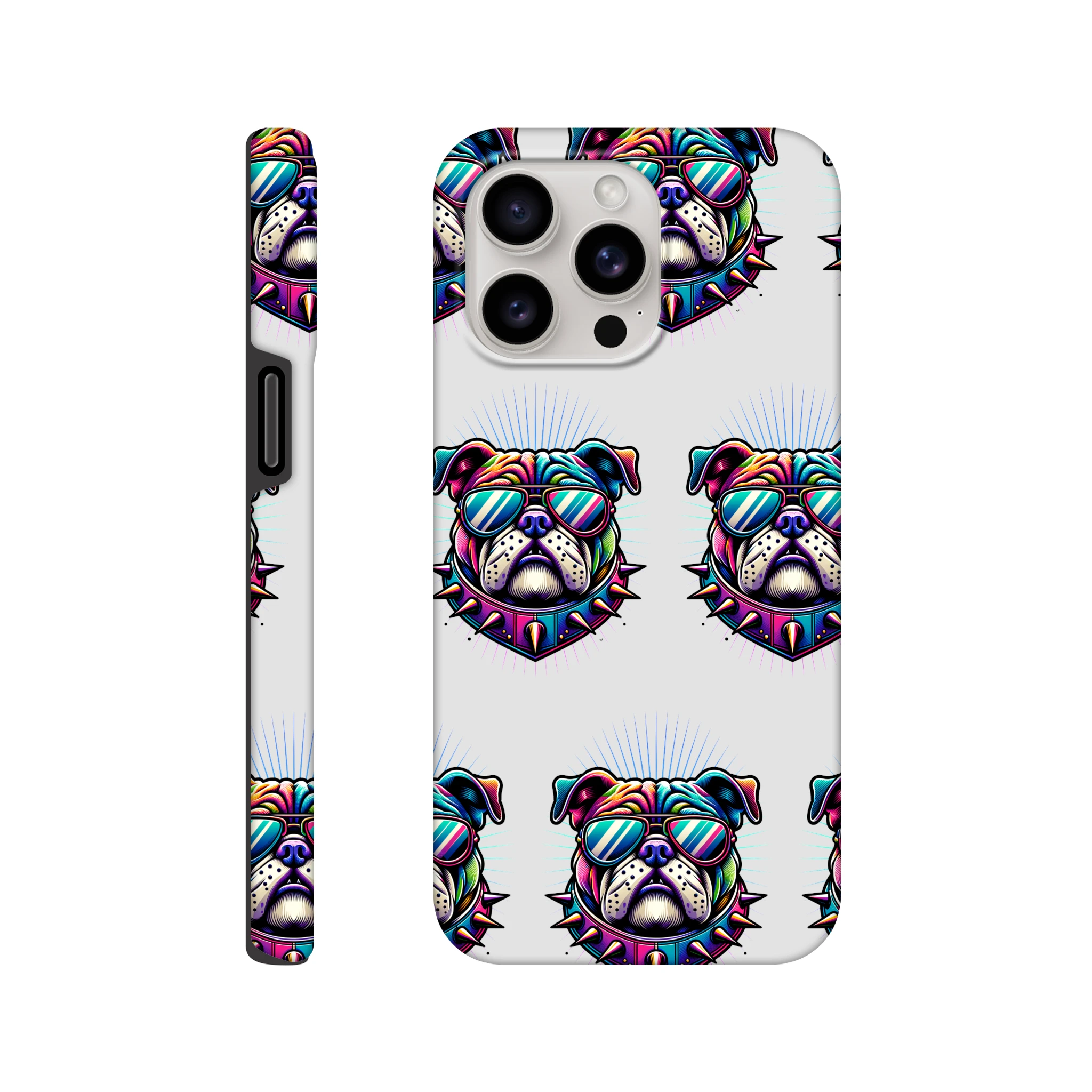 Colorful bulldog head print on tough dual-layer iPhone case for 16/15/14/13 with wraparound design