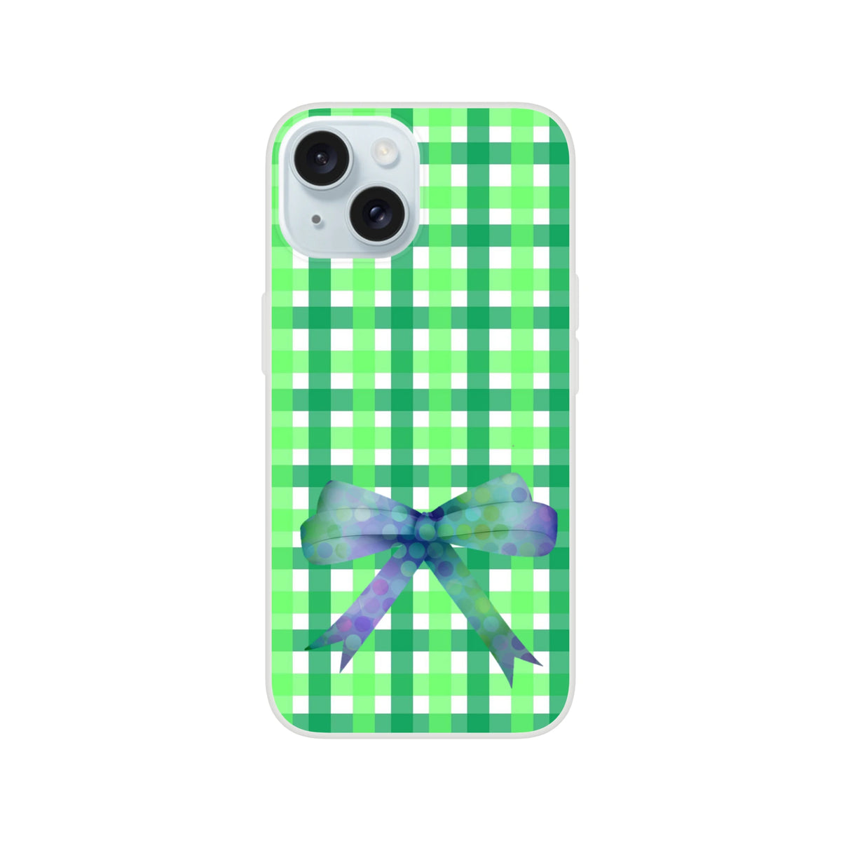 Green gingham iPhone case for 13-16 with frosty transparent TPU and a printed bow in a cute coquette aesthetic.