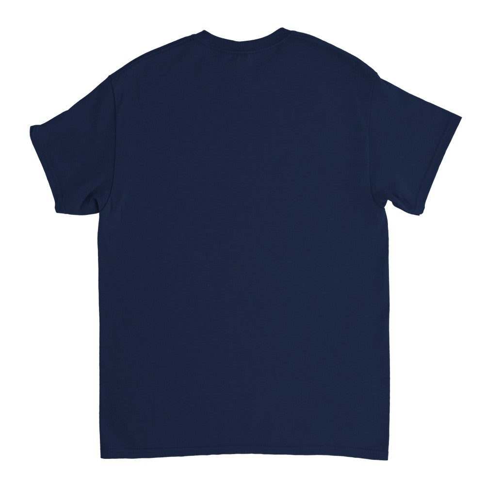 Back view of a navy blue men's short-sleeve crew-neck T-shirt.