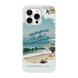 Vintage Malibu Holiday postcard-style iPhone case (13-16) with palm trees, waves, and retro Malibu script.