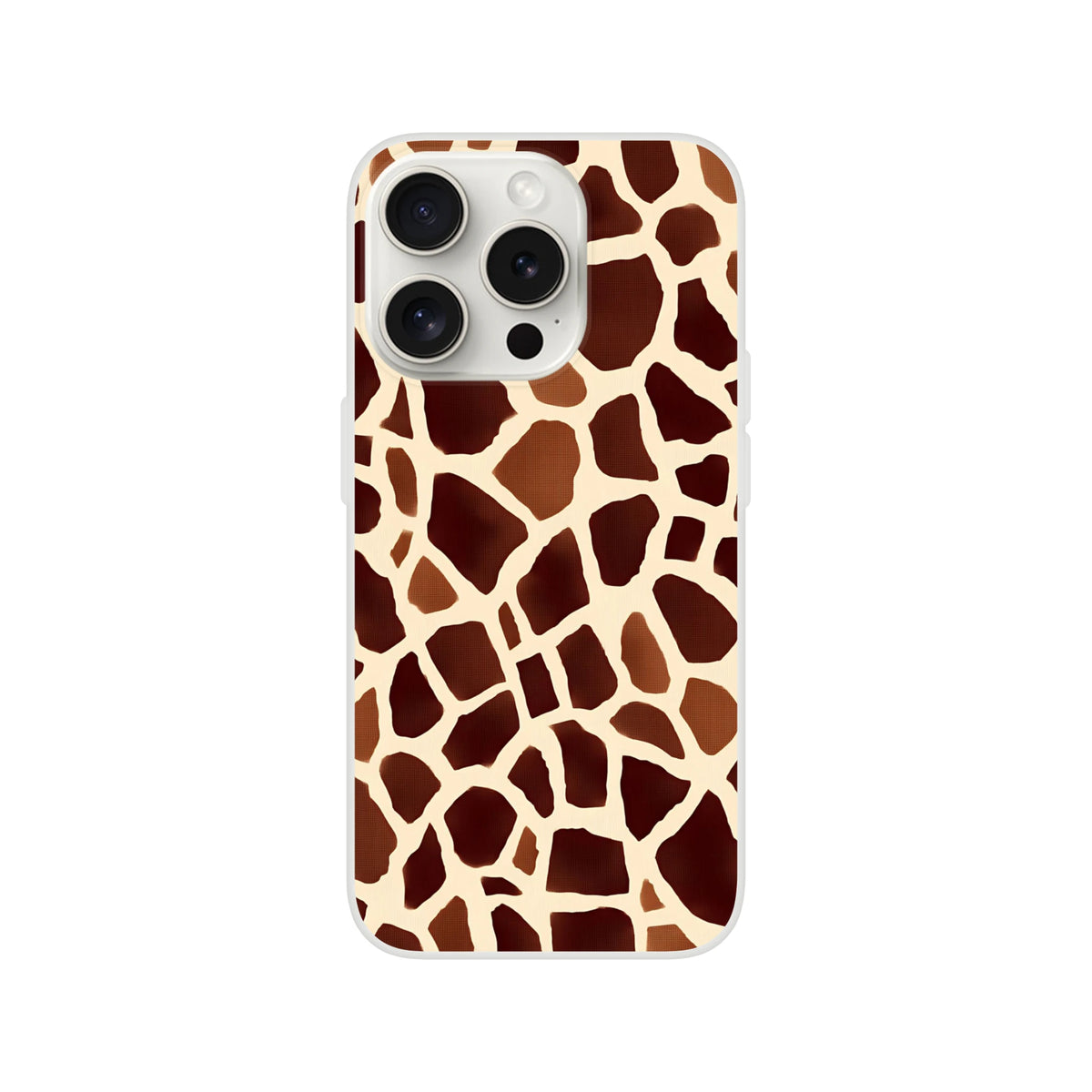 Brown giraffe print iPhone case for 13-16, safari animal design with a triple-camera cutout.