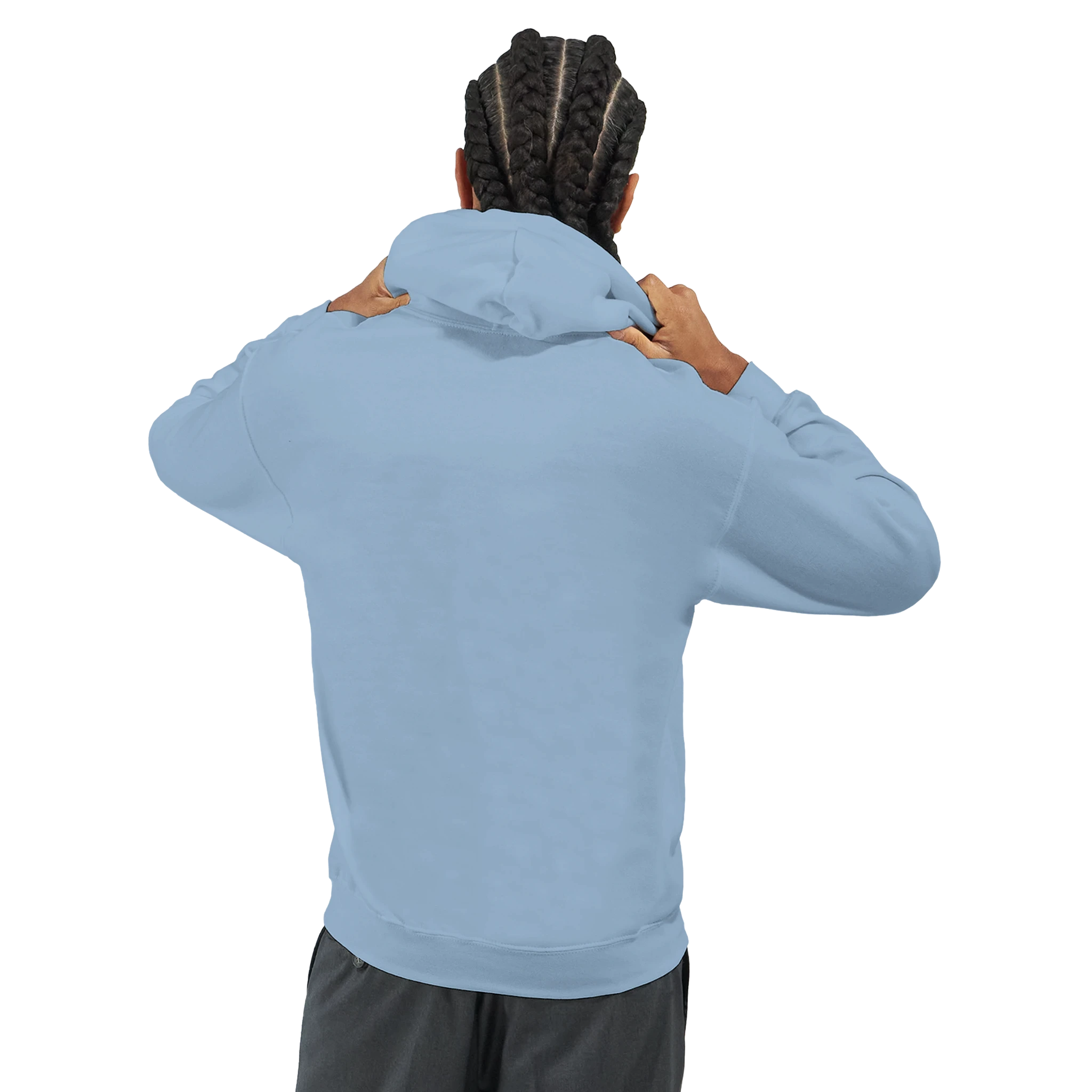 Back view of a person wearing a light blue hoodie with hood up and hands near the neck.