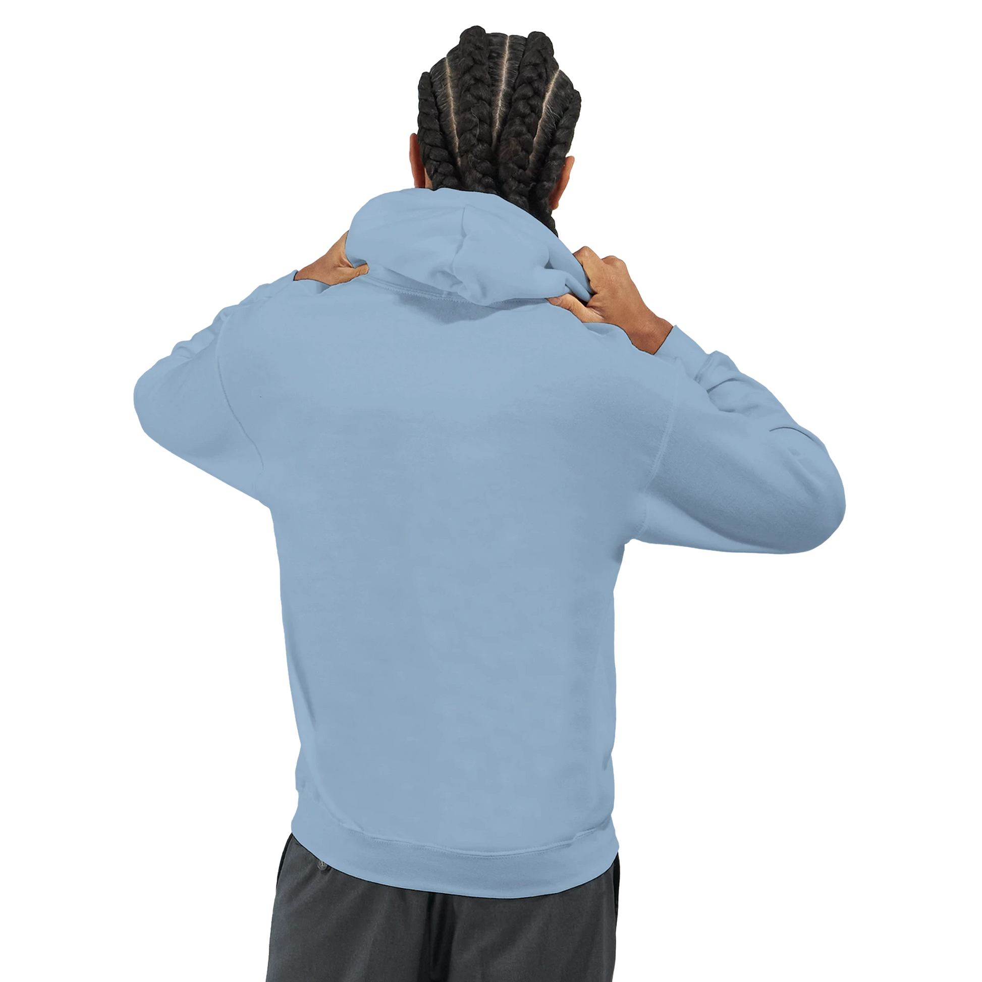 Back view of a person wearing a light blue hoodie with hood up and hands near the neck.