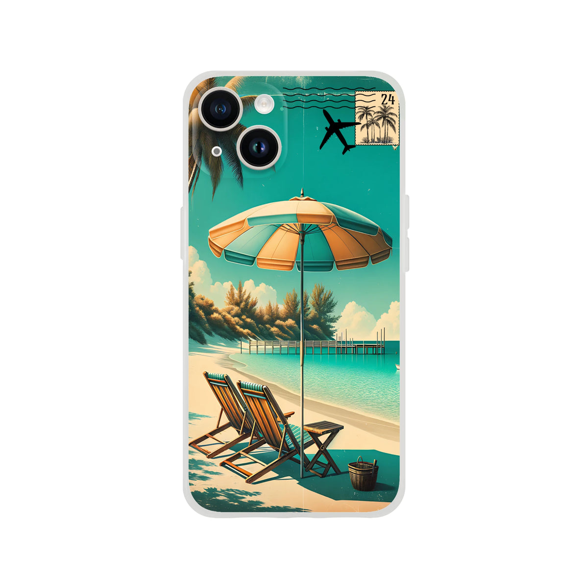 Vintage postcard-inspired iPhone case with teal sea, palm trees, airplane stamp and beach umbrellas.