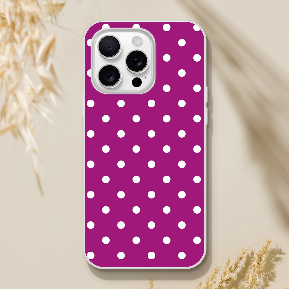 Retro purple and white polka dot iPhone case with matte finish and shock-absorbing TPU protection for iPhone 13-16.