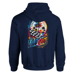 Navy blue hoodie featuring a vibrant "Flat Out" race flag and palm tree sunset graphic for modified car culture.