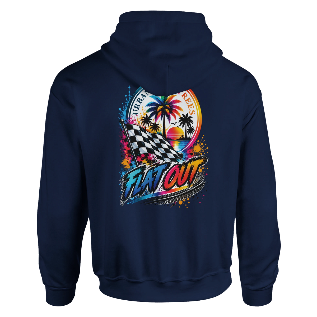 Navy blue hoodie featuring a vibrant "Flat Out" race flag and palm tree sunset graphic for modified car culture.
