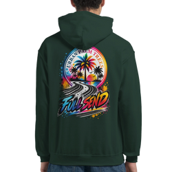 Dark green Full Send petrolhead hoodie featuring a colorful back print with tire tracks, palm trees, and a sunset graphic.