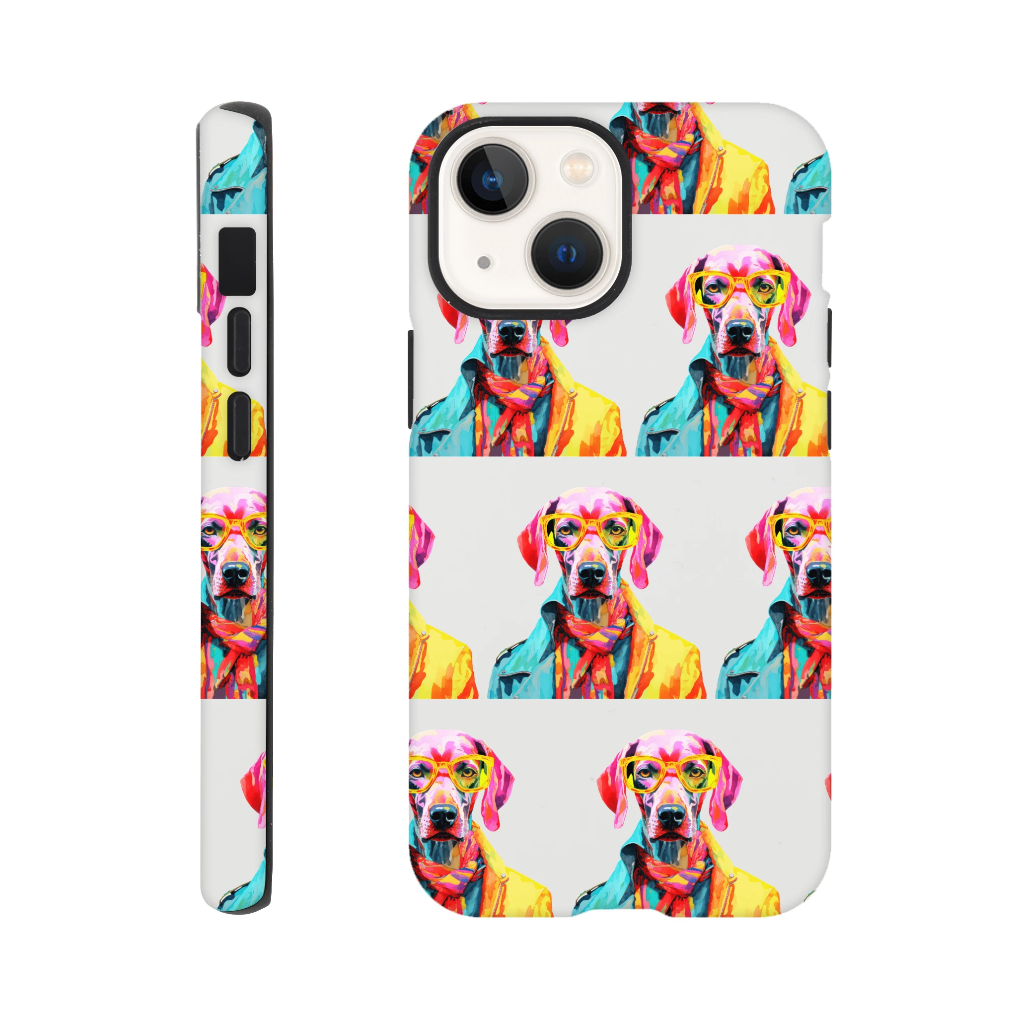 Colorful dog-pattern wraparound tough phone case for iPhone 16-13 with dual-layer protection and glossy finish.