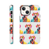 Colorful dog-pattern wraparound tough phone case for iPhone 16-13 with dual-layer protection and glossy finish.