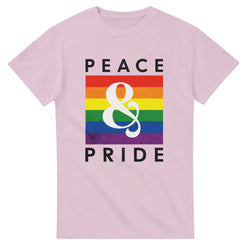 Pink women's Pride tee with rainbow square, large white ampersand, and Peace Pride text.