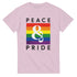 Pink women's Pride tee with rainbow square, large white ampersand, and Peace Pride text.