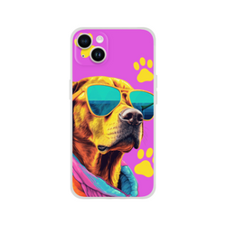 Trendy Dog iPhone Case for 13-16, purple matte finish with sunglasses-wearing dog and yellow paw prints.