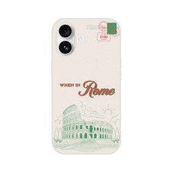 Vintage postcard-style iPhone case featuring Rome landmarks, Colosseum drawing and stamps, matte finish.
