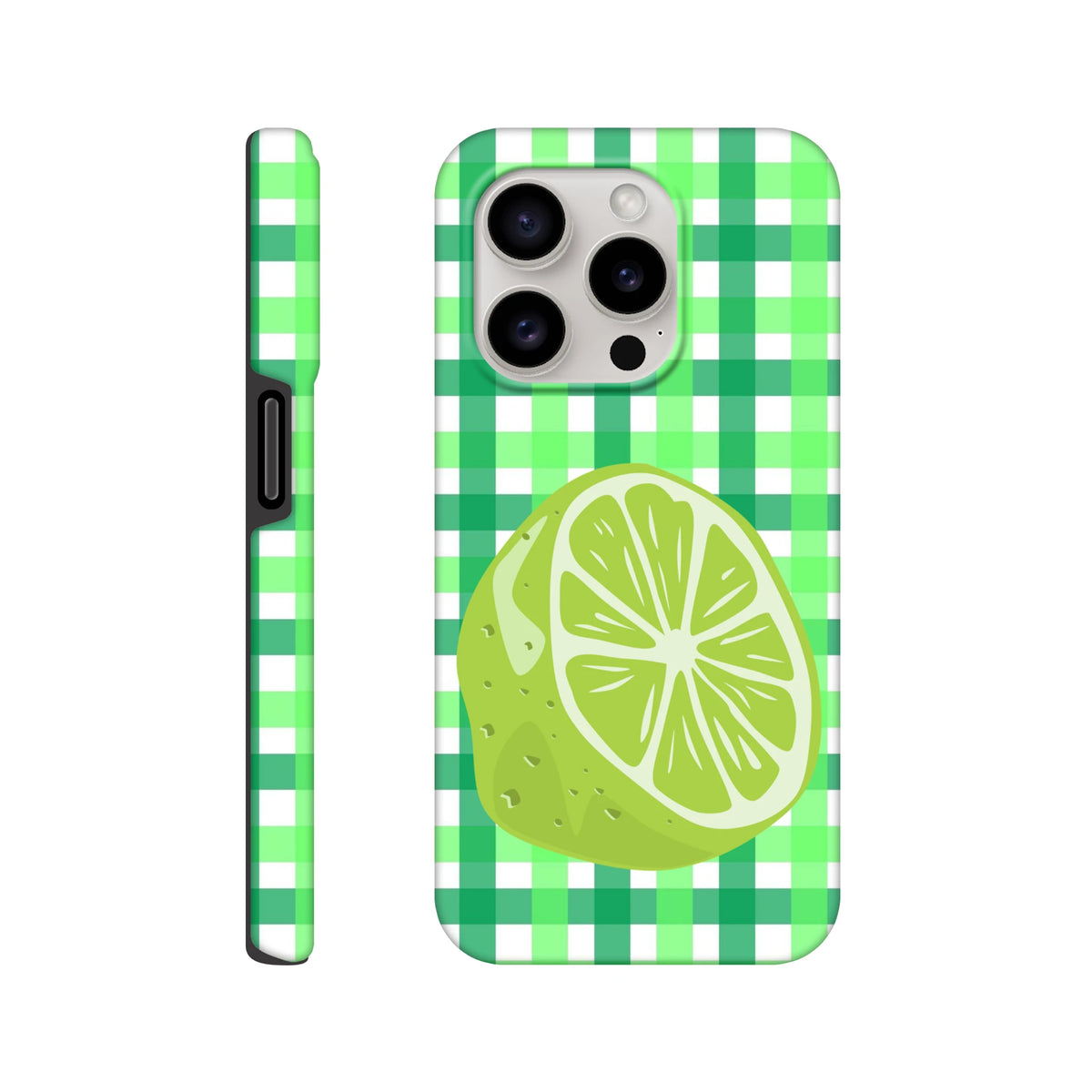 Lime gingham iPhone case featuring a glossy citrus slice print on a green checkered background for shock-absorbing protection.