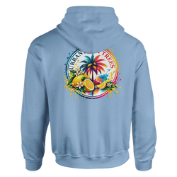 Blue hoodie featuring a retro tropical back print with a colorful palm tree, lemons, and paint splashes.