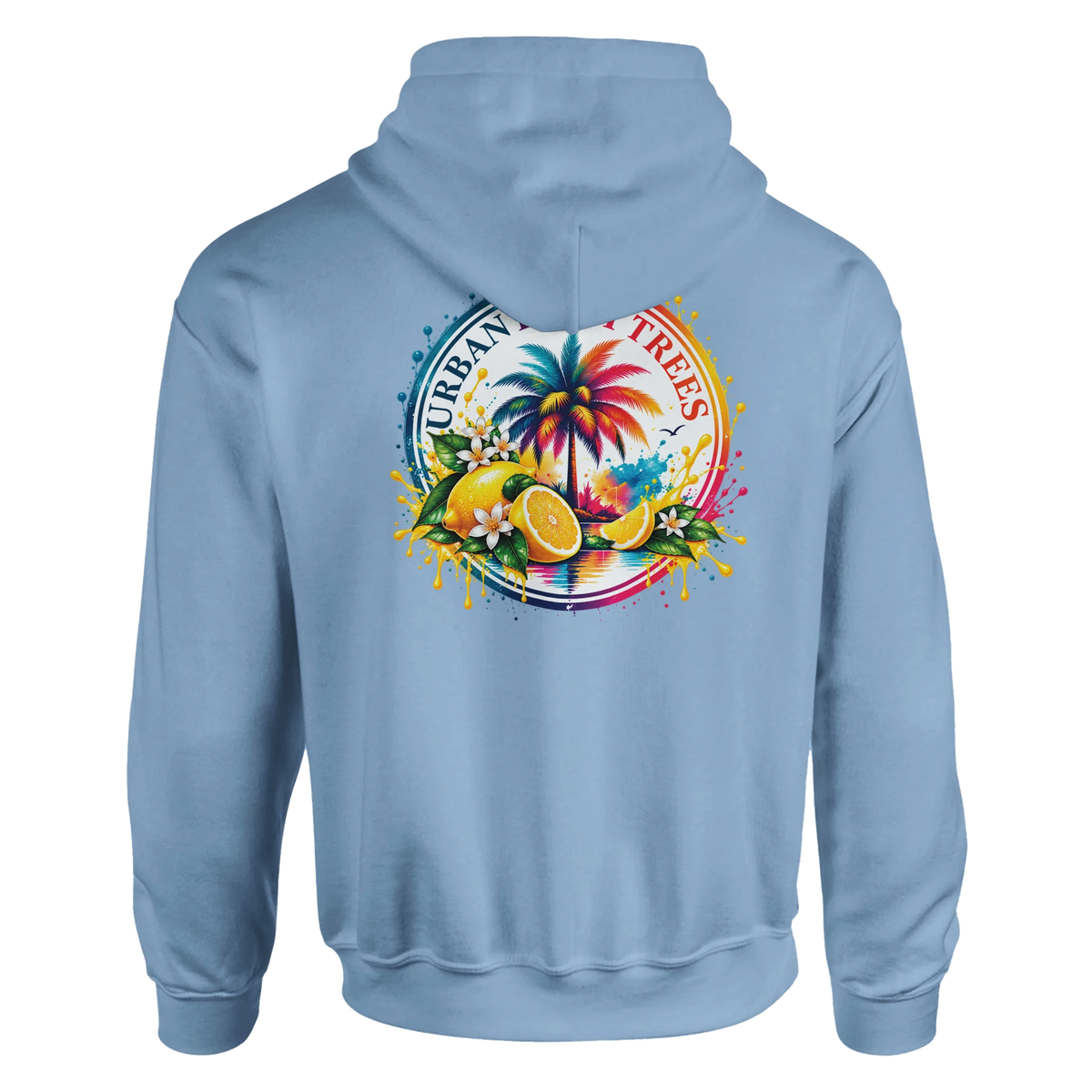 Blue hoodie featuring a retro tropical back print with a colorful palm tree, lemons, and paint splashes.