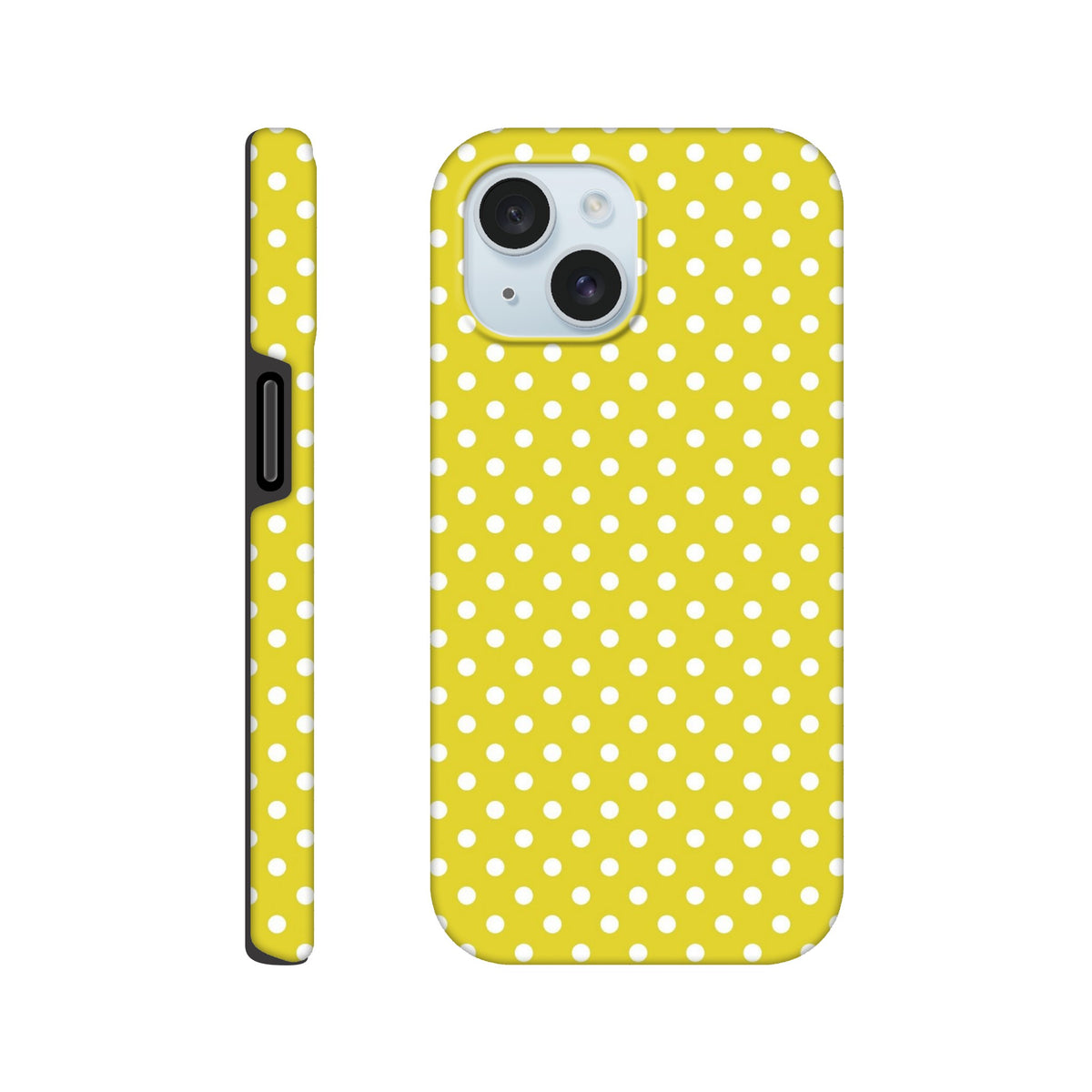 Yellow and white polka dot tough iPhone case offering vintage style and impact protection for iPhone 13-16 models.