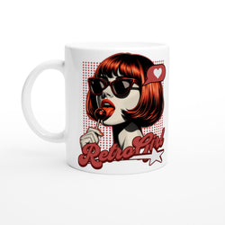 Retro girl mug with red bob, sunglasses, lollipop, and bold slogan on glossy ceramic