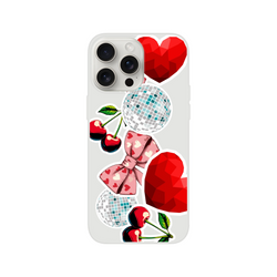 Transparent iPhone case featuring Y2K sticker art with cherries, pink bows, disco balls, and red hearts for wireless charging compatible phones.