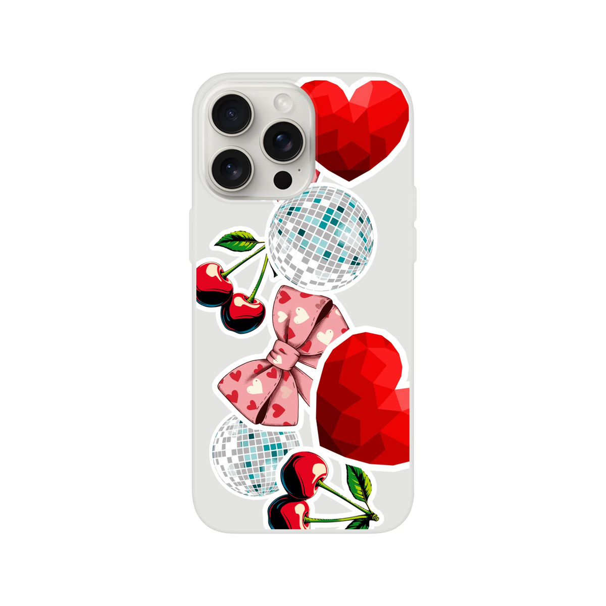 Transparent iPhone case featuring Y2K sticker art with cherries, pink bows, disco balls, and red hearts for wireless charging compatible phones.