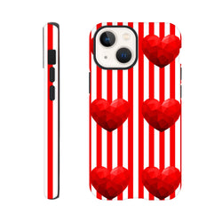 Retro red and white striped iPhone case featuring geometric low-poly heart graphics for durable streetwear style protection.