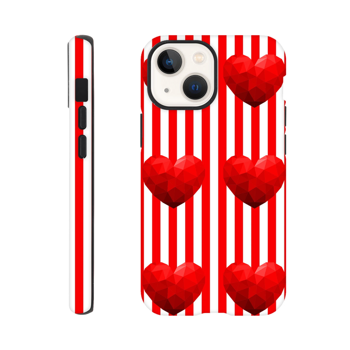 Retro red and white striped iPhone case featuring geometric low-poly heart graphics for durable streetwear style protection.