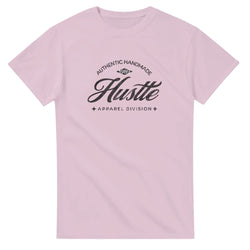 Pink Hustle men's graphic T-shirt with bold 'Hustle' script on chest; soft cotton-blend, crew-neck.