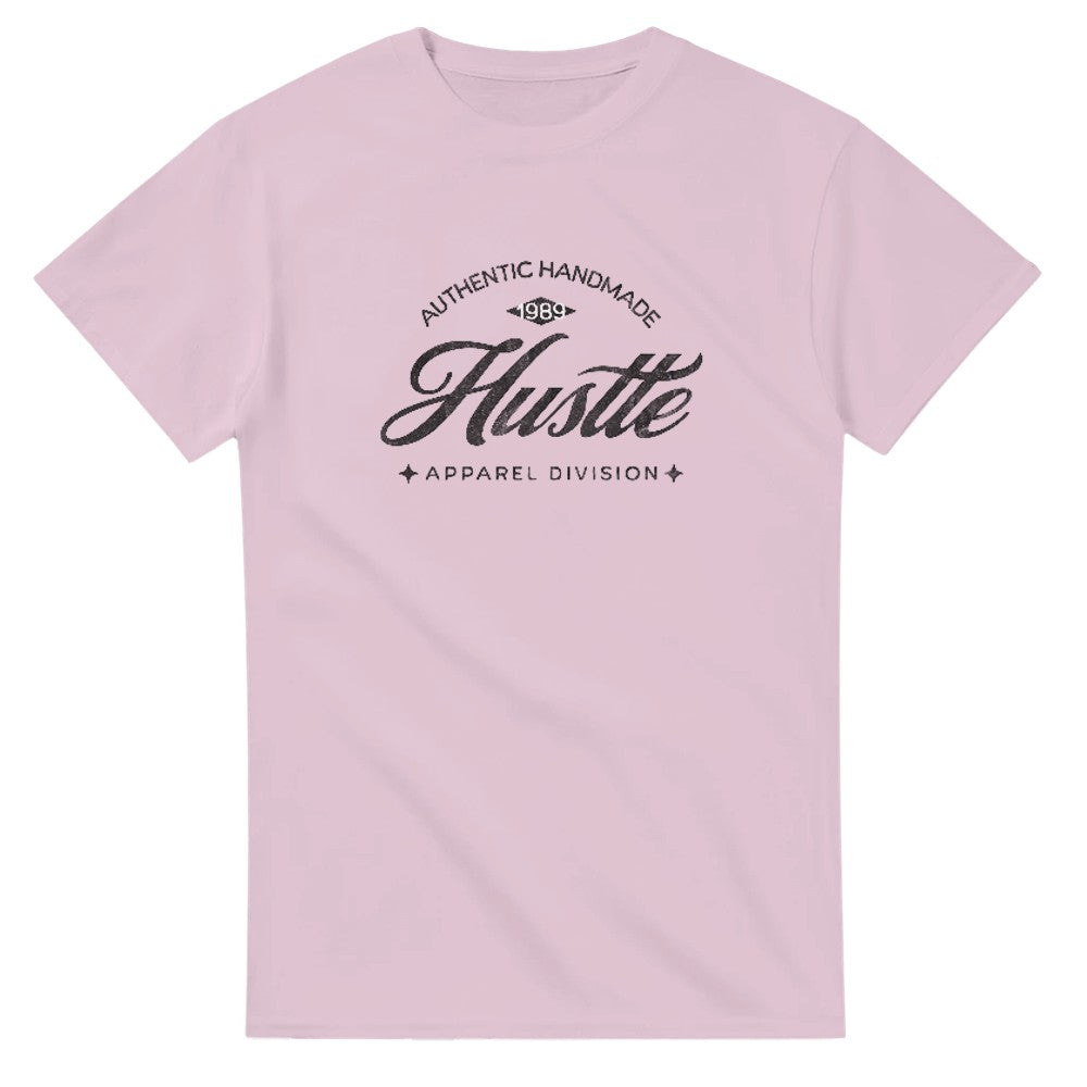 Pink Hustle men's graphic T-shirt with bold 'Hustle' script on chest; soft cotton-blend, crew-neck.
