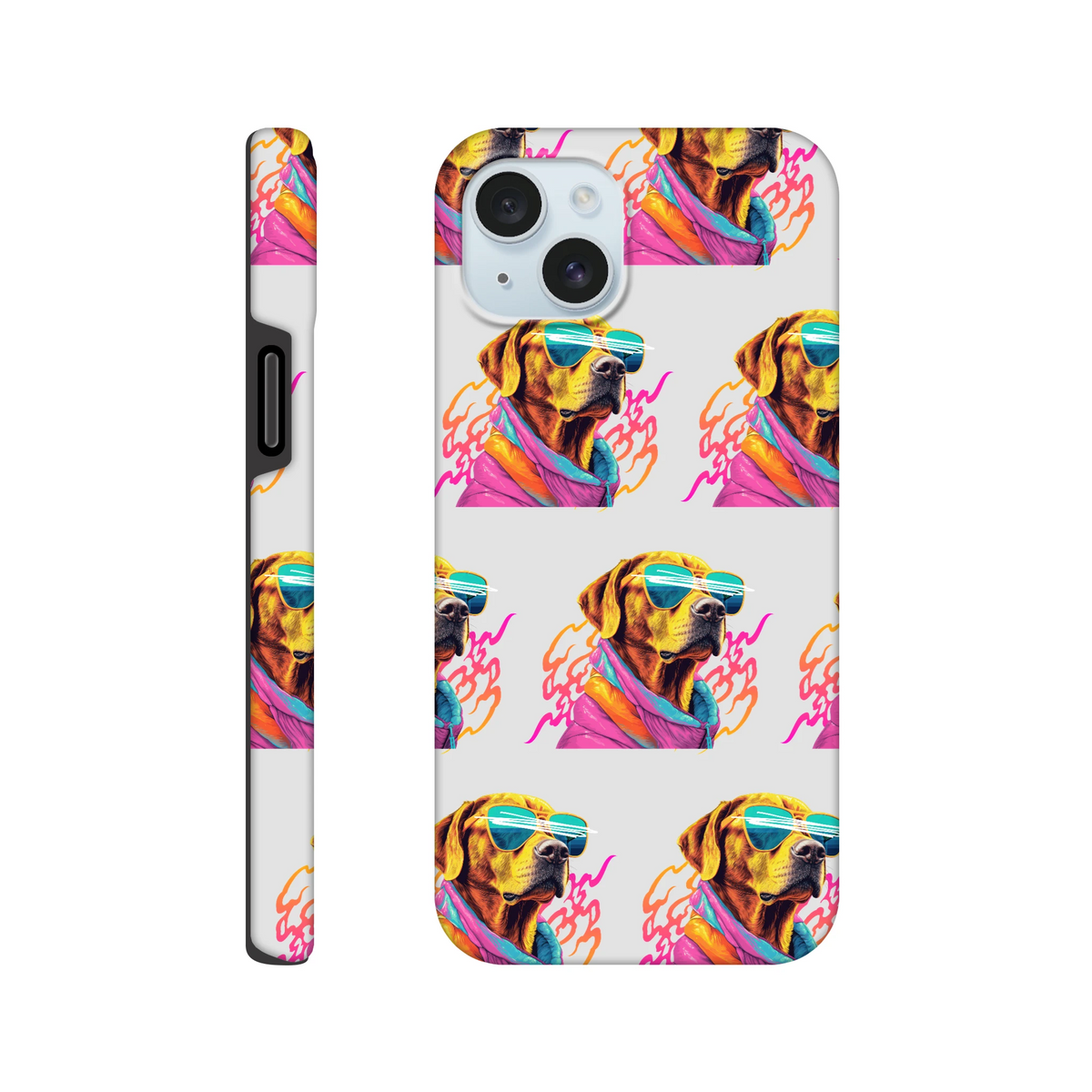 Cool dog print protective case for iPhone 16/15/14/13 with wraparound neon sunglasses artwork