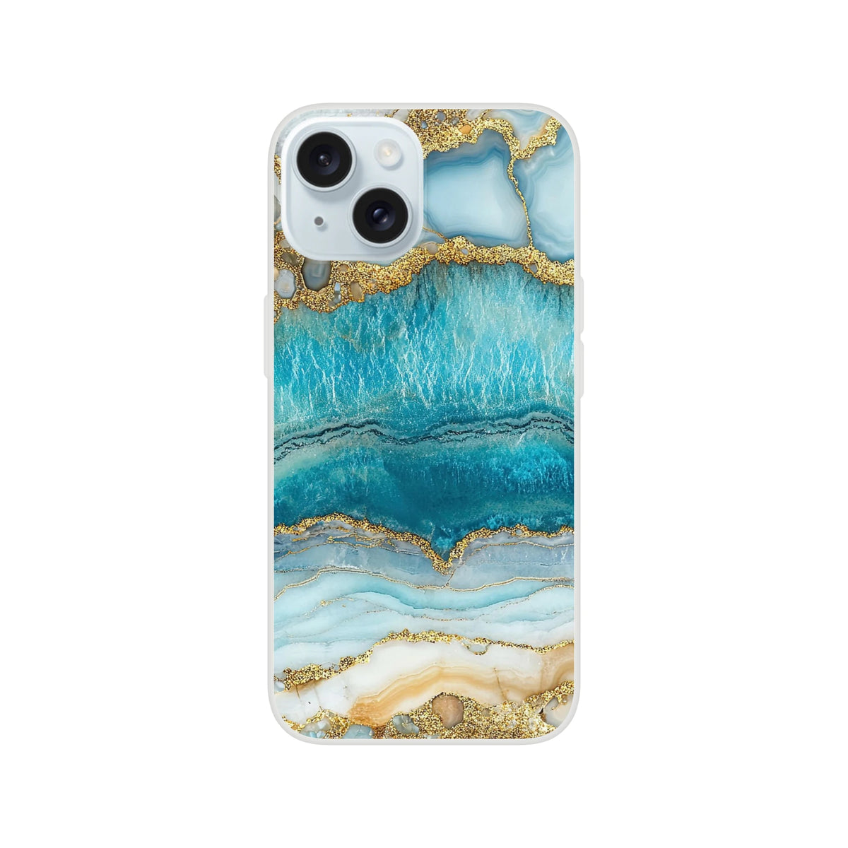 Blue and gold marble iPhone case for iPhone 13–16 with ocean agate pattern and matte finish.
