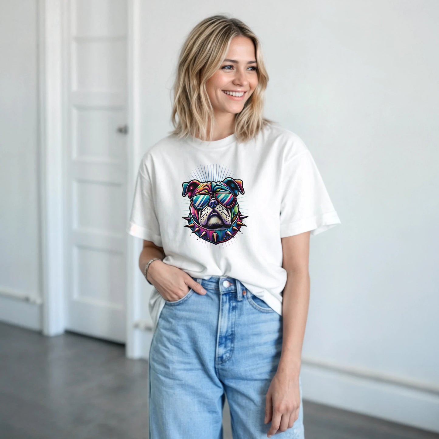 Woman wearing a white Bull Dog T-Shirt with a colorful bulldog graphic and sunglasses
