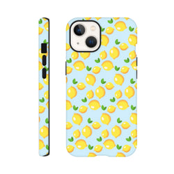 Cute lemon pattern tough iPhone case featuring fresh yellow fruit and green leaves on a light blue wraparound background.