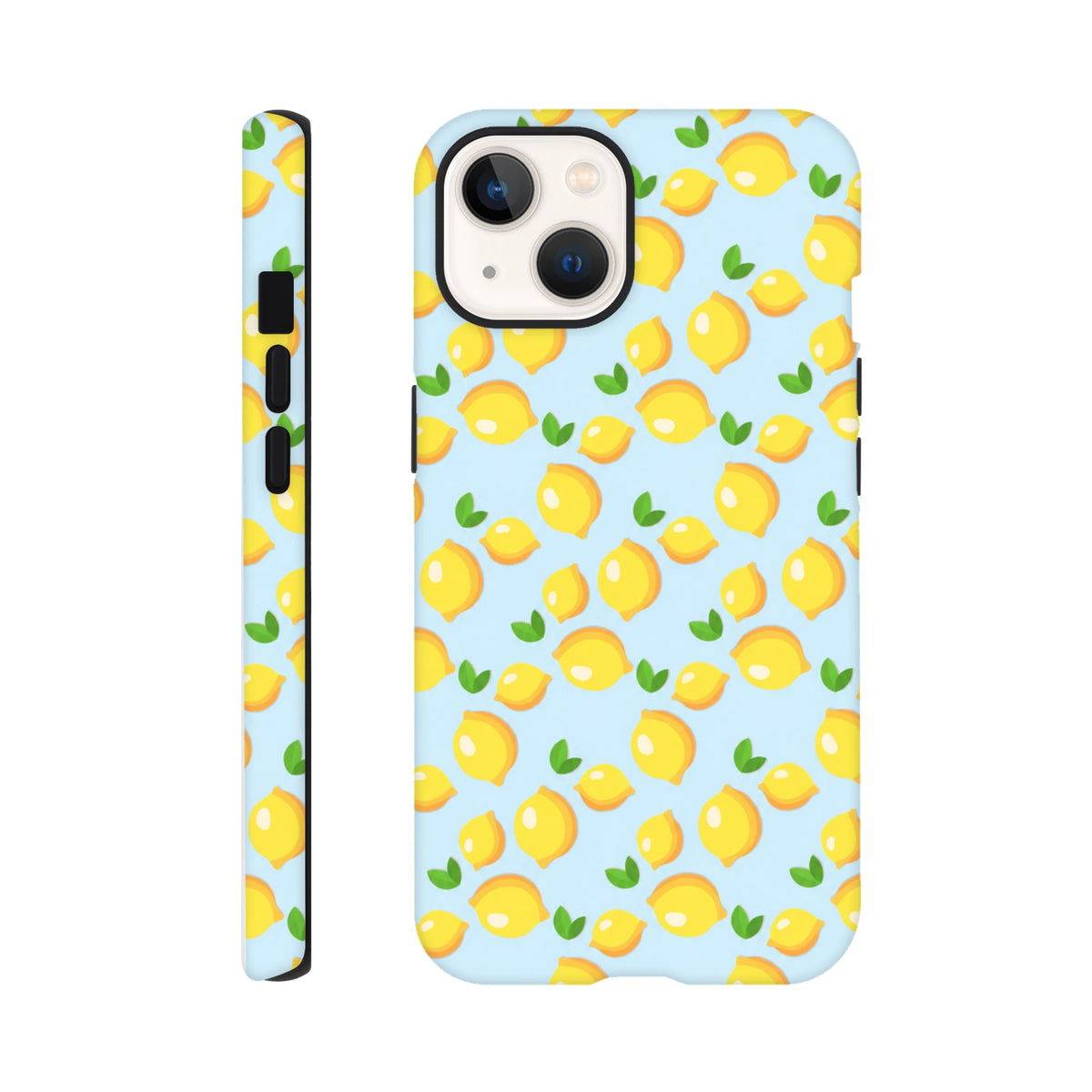Cute lemon pattern tough iPhone case featuring fresh yellow fruit and green leaves on a light blue wraparound background.