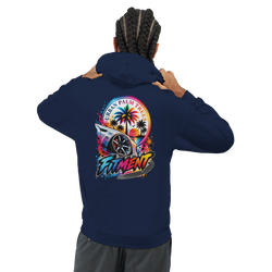 Back view of navy Fitment petrolhead hoodie featuring Urban Palm Trees modified car culture graphic with palm trees and wheel design.