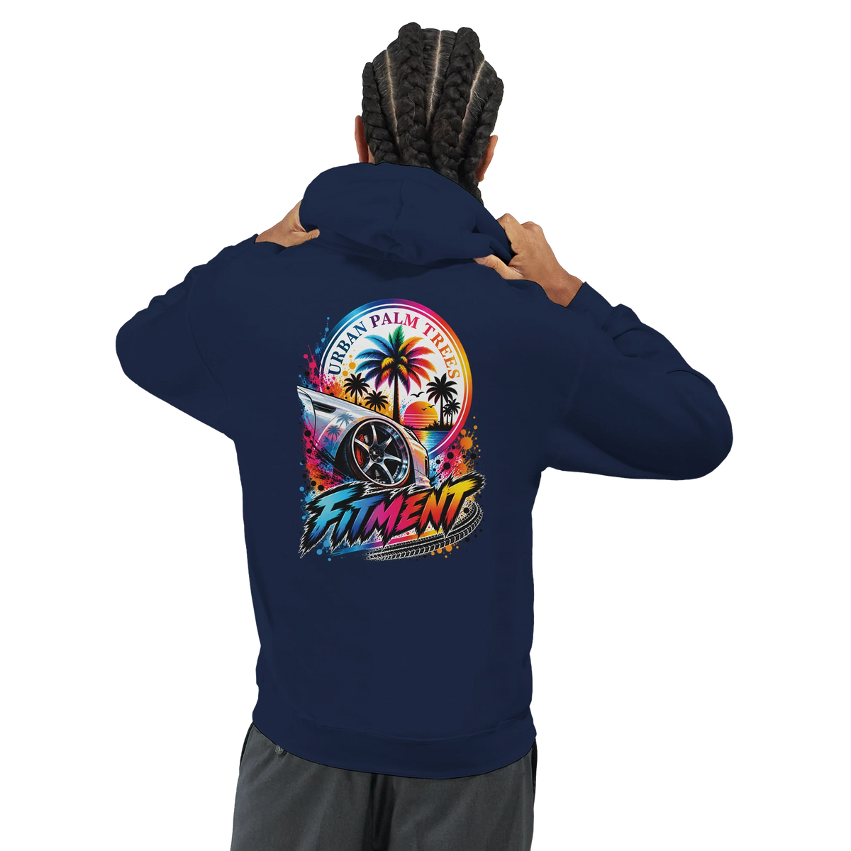 Back view of navy Fitment petrolhead hoodie featuring Urban Palm Trees modified car culture graphic with palm trees and wheel design.