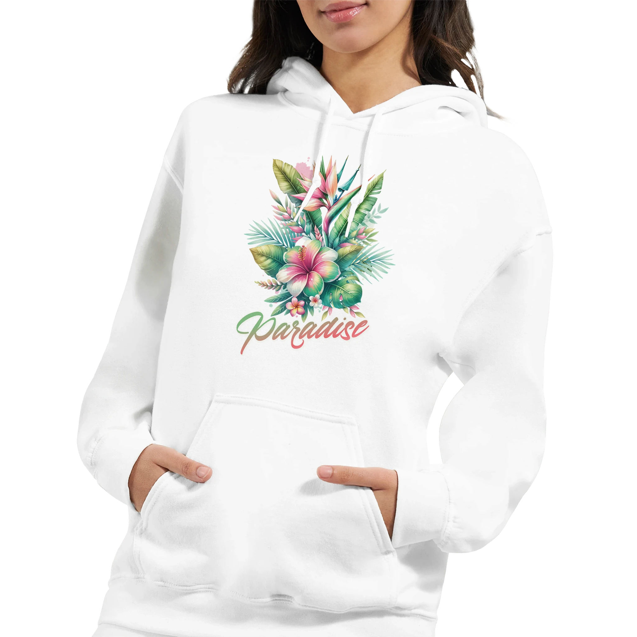 White Women's Y2K Paradise Hoodie with tropical floral palm leaves and Paradise script
