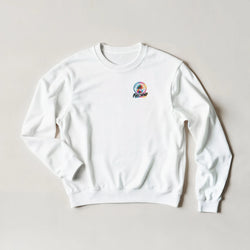 White crew neck sweatshirt featuring a colorful "Full Send" palm tree logo on the chest. Petrolhead car culture top for casual wear.