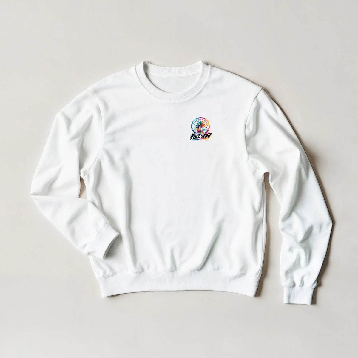 White crew neck sweatshirt featuring a colorful "Full Send" palm tree logo on the chest. Petrolhead car culture top for casual wear.